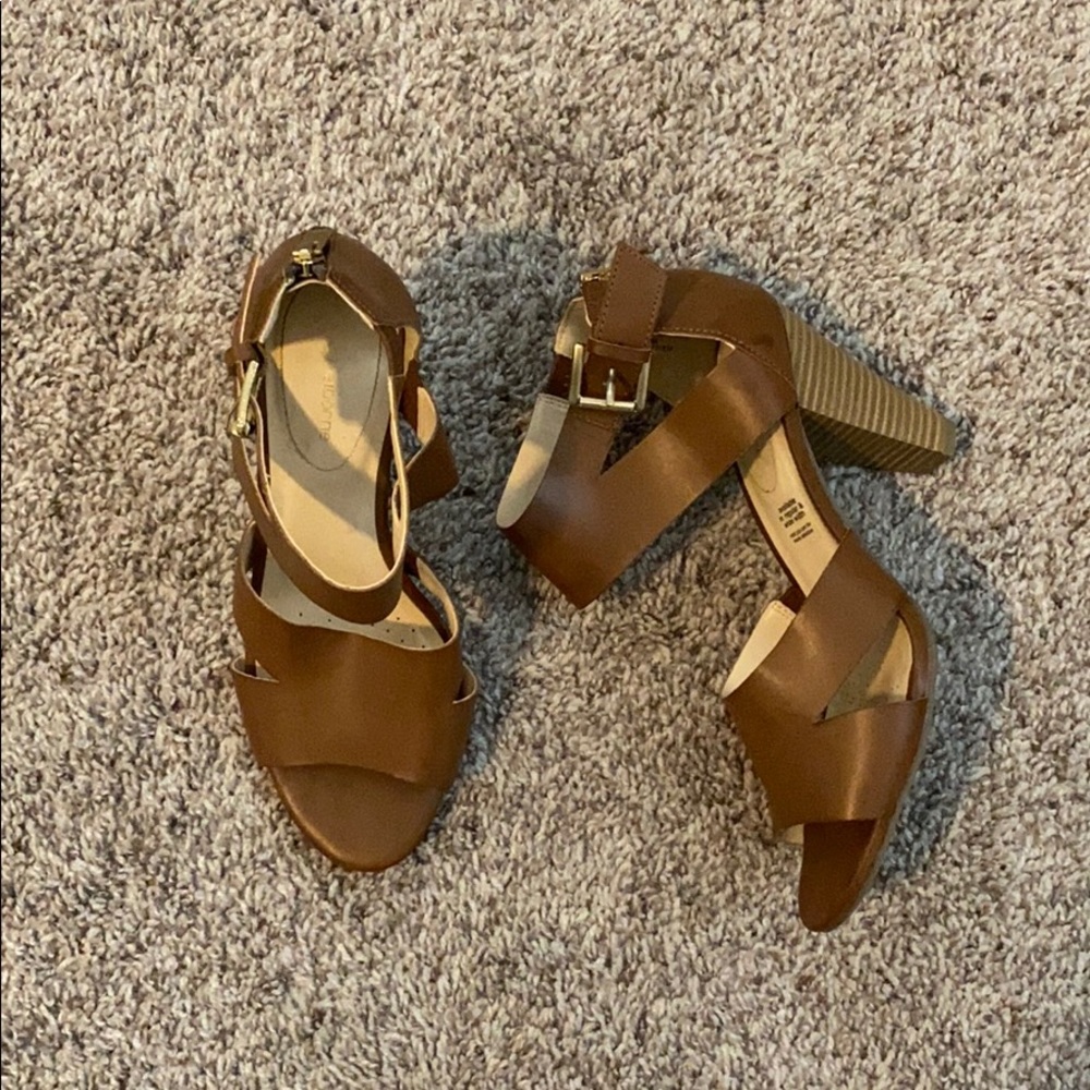 Wide strap brown leather heels